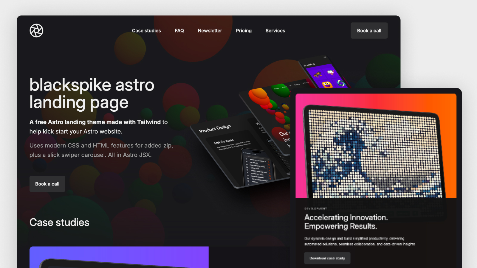 Preview of the theme showing a dark landing page