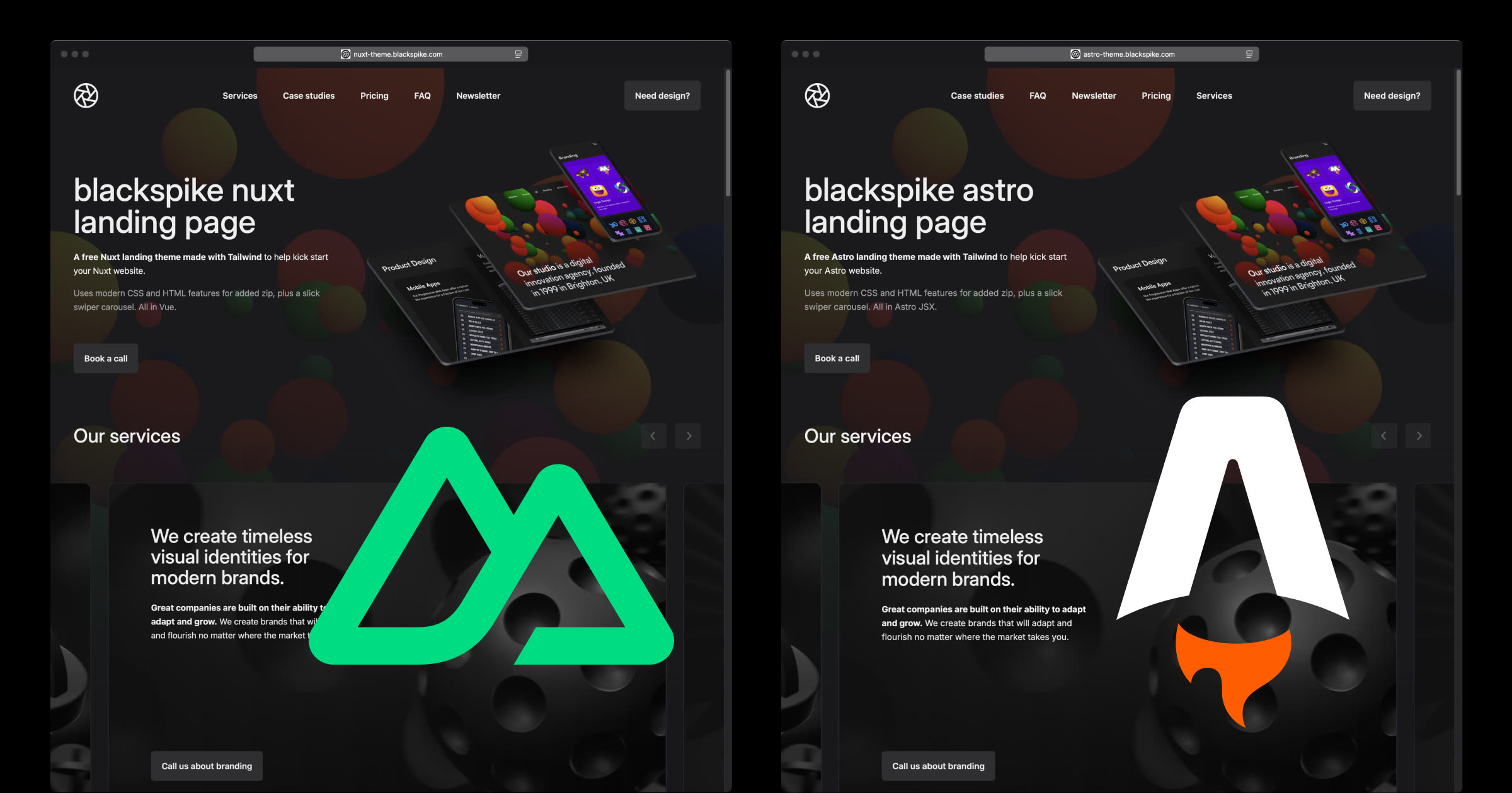 Side by side screenshots of the identical nuxt and astro sites