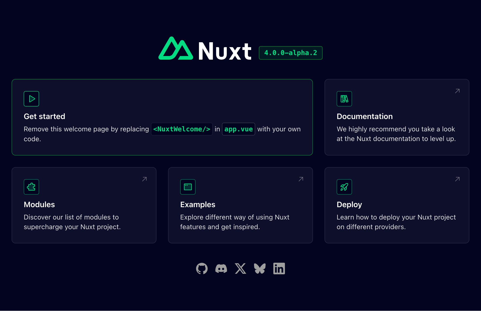 New nuxt project welcome screen showing nuxt version of 4.0.0