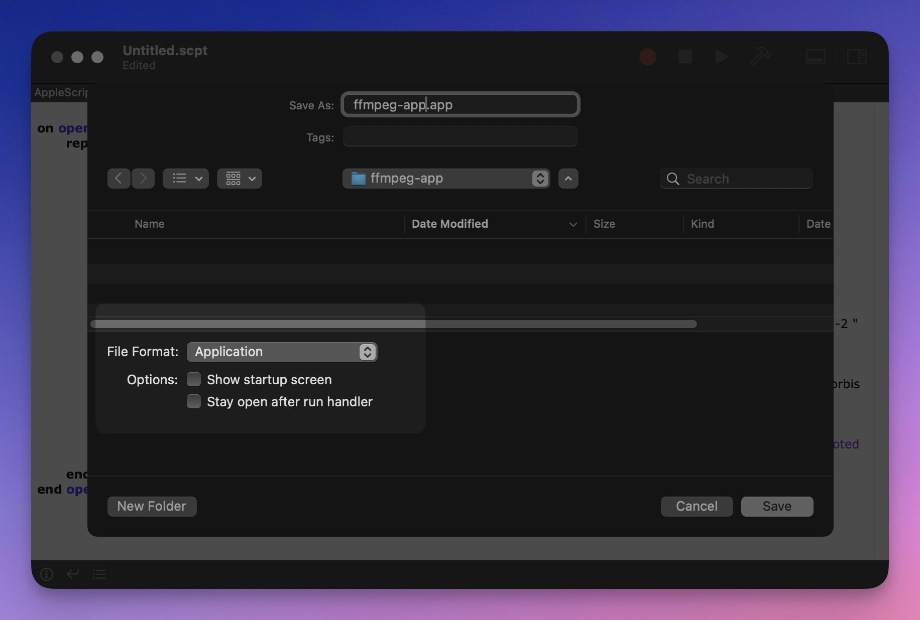 Save dialog with 'save as application' highlighted