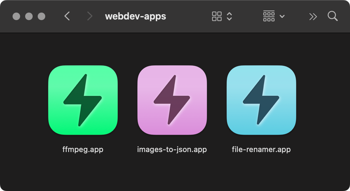 Screenshot of some of our web dev apps, ffmpeg.app images-to-json.app file-renamer.app