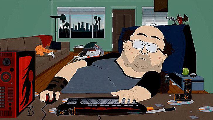 southpark WoW cartoon nerd reclining at his messy desk