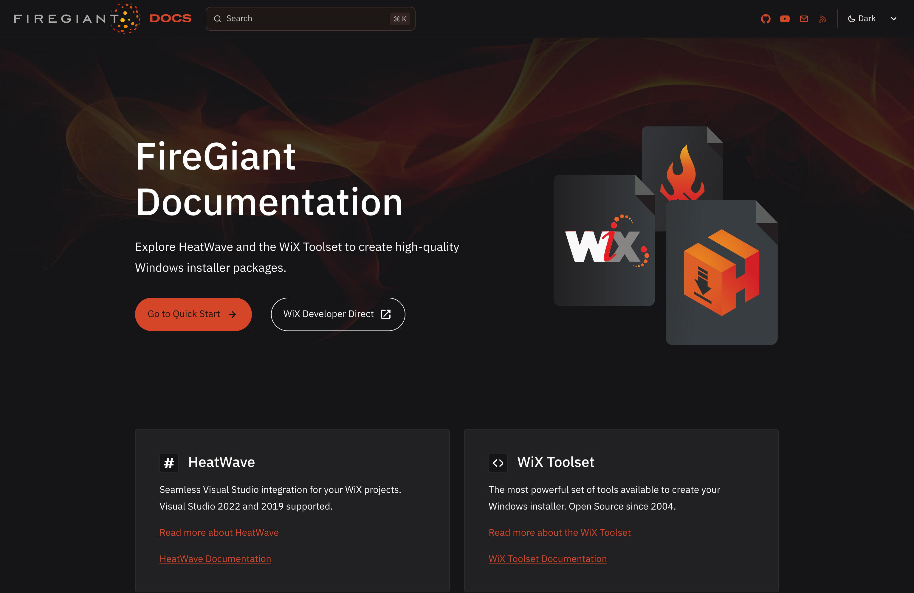 Screenshot of the dark themed docs landing page